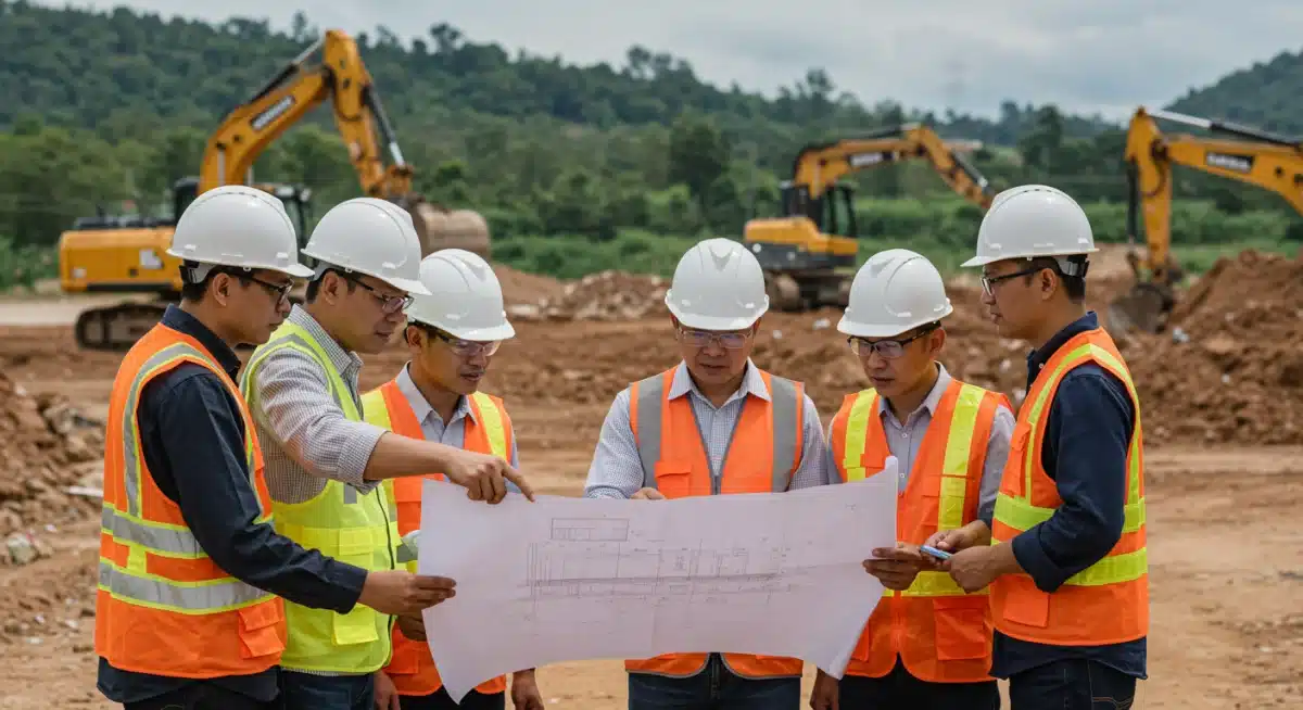 Construction workers reviewing blueprints at a project site