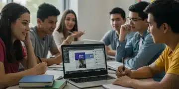 High school students collaboratively preparing for the digital SAT with laptops and study materials.