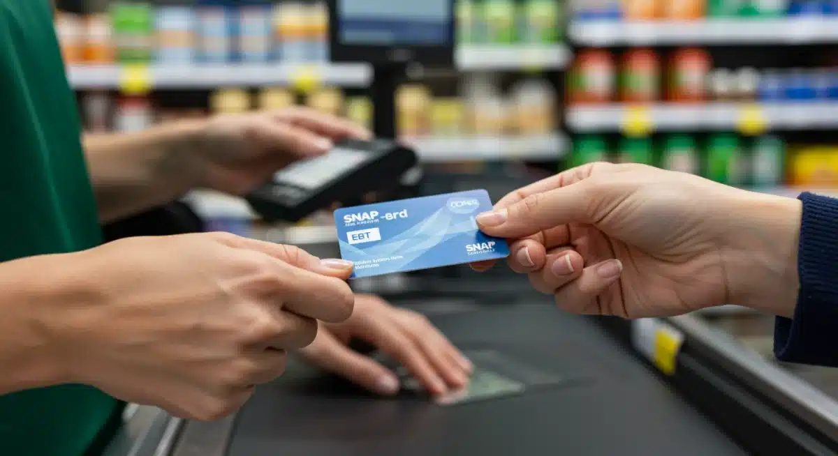 Person using an EBT card at a grocery store checkout