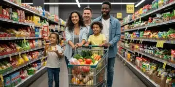 Family happily grocery shopping with full cart, symbolizing maximized SNAP benefits