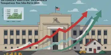 Federal Reserve building with upward trending arrows and dollar signs, illustrating 2025 interest rate hikes impacting savings and loans.