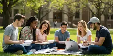 Federal vs. State Education Grants 2025: U.S. Undergraduate Analysis Diverse students happily studying with federal and state grant forms, symbolizing financial aid success.
