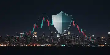 Shield protecting a declining stock market graph, symbolizing investment portfolio defense against market volatility.