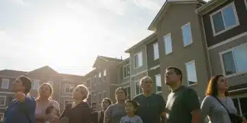 Families and individuals looking at new affordable housing complex