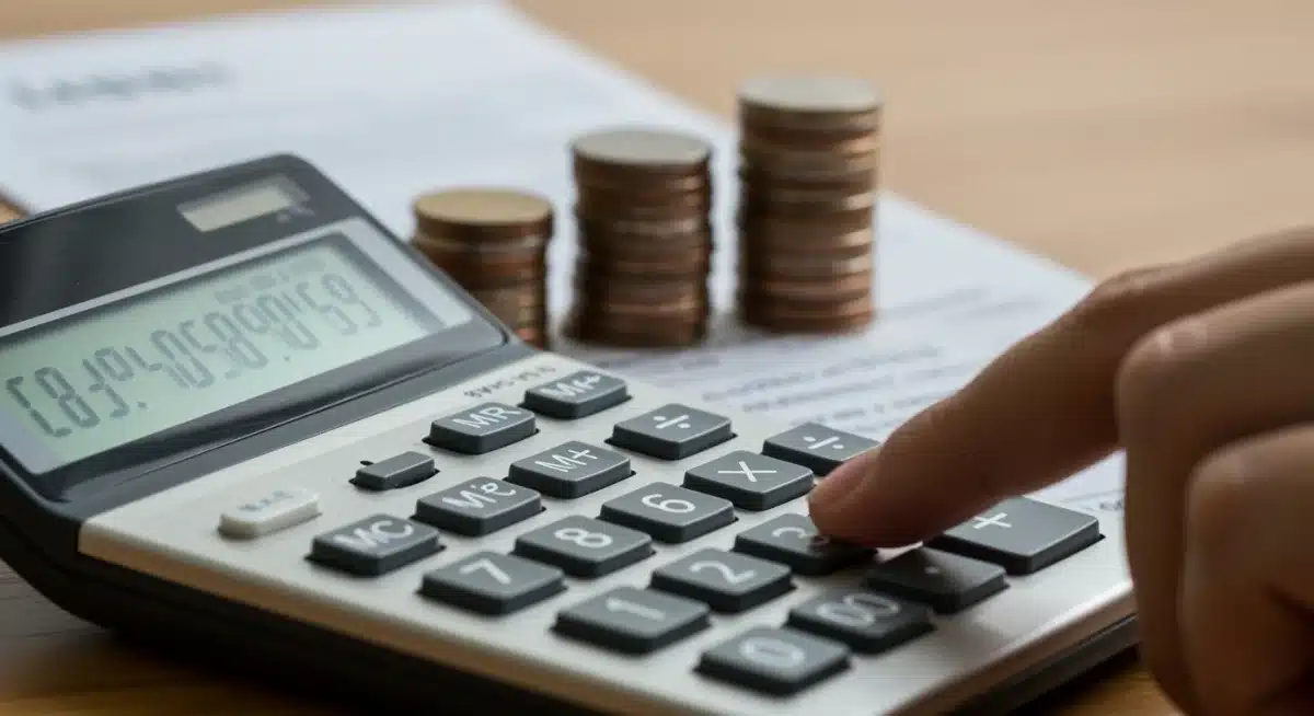 Hand using calculator for personal finance, surrounded by coins and loan papers, symbolizing interest rate adjustments.