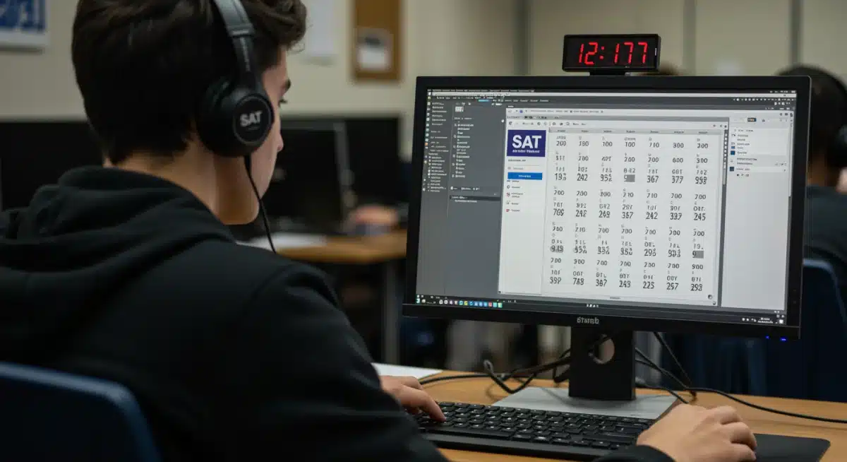 Student concentrating on a digital SAT adaptive test on a laptop.