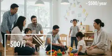 Parents and children at a modern child care center, symbolizing reduced costs through subsidies.