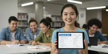 College students smiling, studying, and discussing finances in a modern library setting, representing successful Pell Grant utilization.