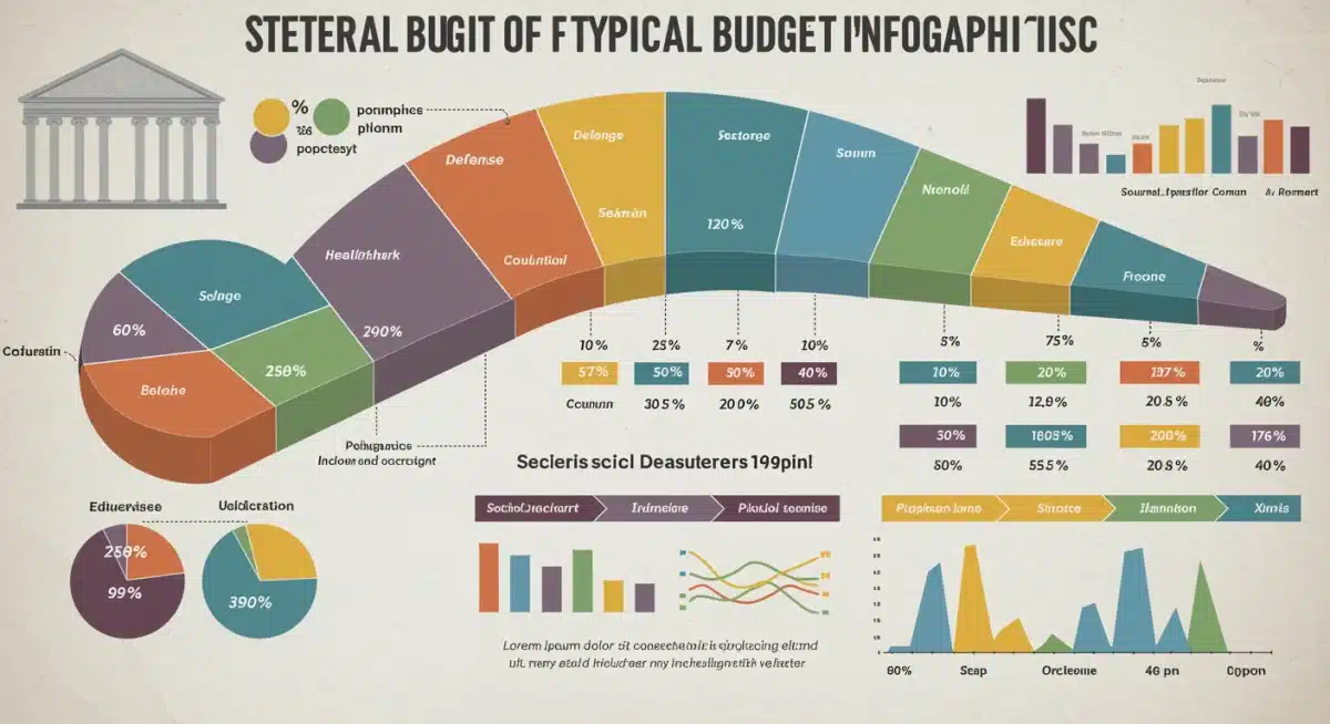 Infographic showing federal budget breakdown for various public services and government sectors.