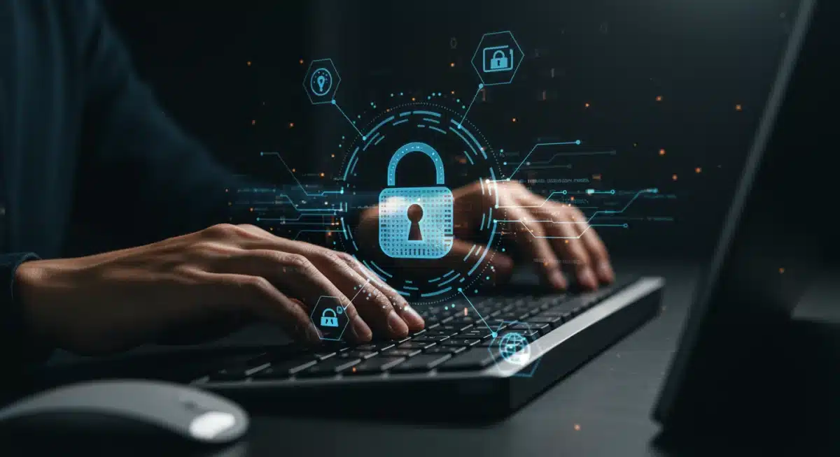 Hands typing code on a computer, symbolizing IT and cybersecurity skills.