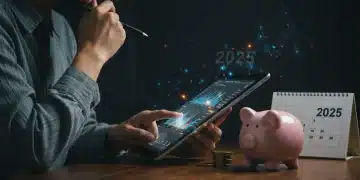 2025 Retirement Contribution Limits: IRAs & 401(k)s Guide Person planning retirement finances on a tablet with piggy bank and 2025 calendar
