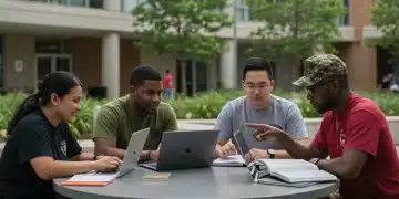 Veterans studying diligently on a modern university campus, utilizing updated education benefits.