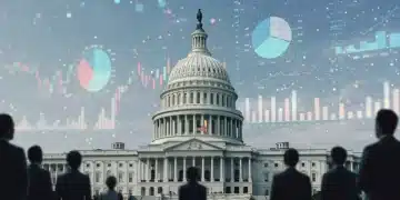 Futuristic Capitol building with budget data and diverse Americans