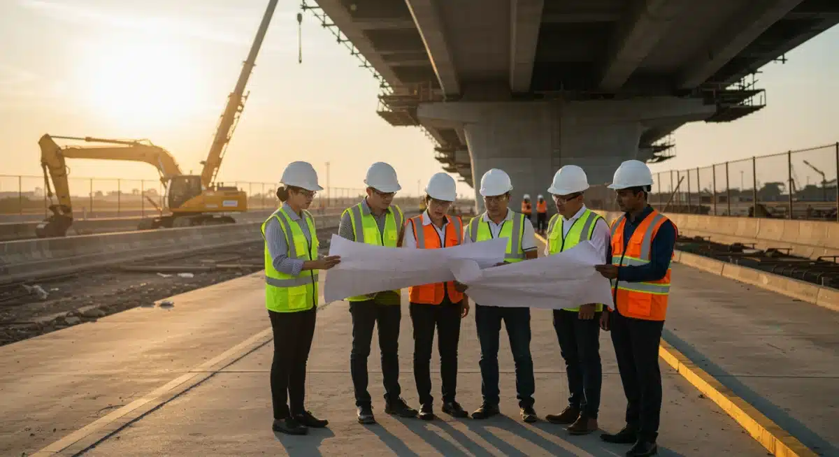 Engineers and construction workers on a bridge construction site