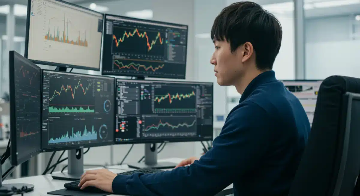 Financial analyst examining complex data visualizations and stock market charts on multiple monitors.
