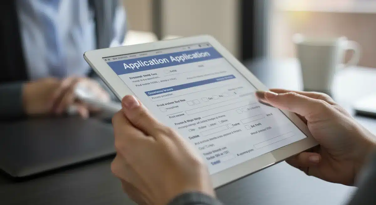 Person meticulously filling out a digital Medicaid application form on a tablet