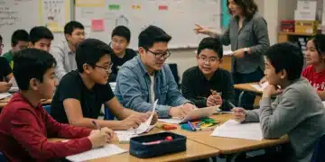 Diverse K-12 students engaging with educational resources in a modern public school classroom, symbolizing maximized learning opportunities.