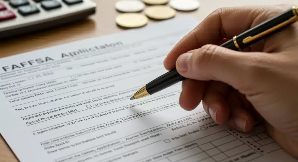 Hand filling out a FAFSA application form with a pen