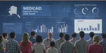 Diverse individuals reviewing Medicaid expansion eligibility updates on a digital screen for 2026