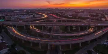 Modern highway interchange at sunset, symbolizing advanced national transportation