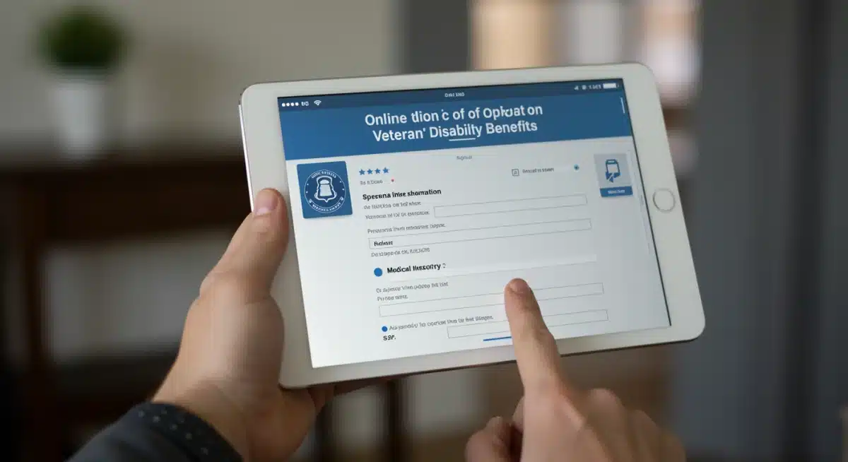 Hand navigating online veterans disability claims application portal