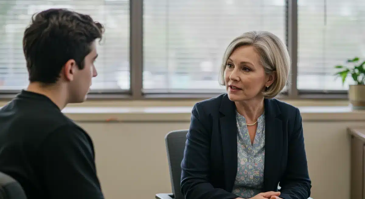 School counselor providing supportive guidance to a high school student, emphasizing mental health resources.