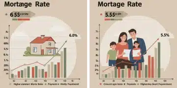 Charts comparing 2026 mortgage rates at 5.5% and 6.0%, showing varying monthly payments on a house, emphasizing financial impact.