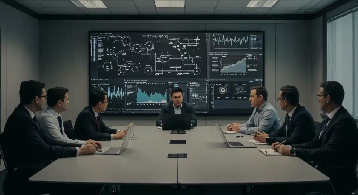 Cybersecurity analysts discussing network diagrams and threat intelligence data in a conference room.