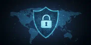 Digital shield with padlock, circuit board patterns, symbolizing robust cybersecurity and national defense.