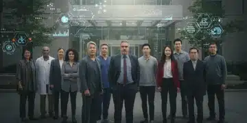 Diverse individuals standing before a modern healthcare facility, symbolizing healthcare access and reform.