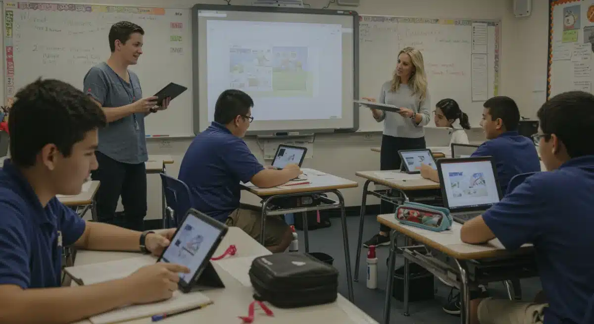 Students in a modern classroom engaging in project-based learning.