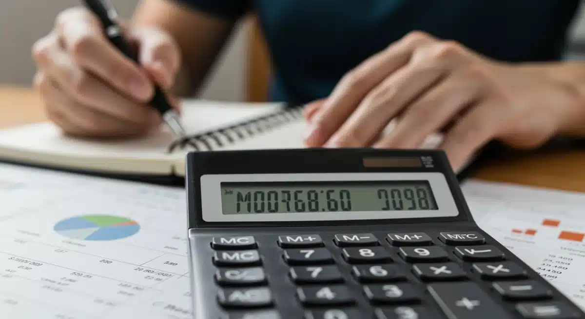 Calculator showing mortgage payment with hands planning finances.
