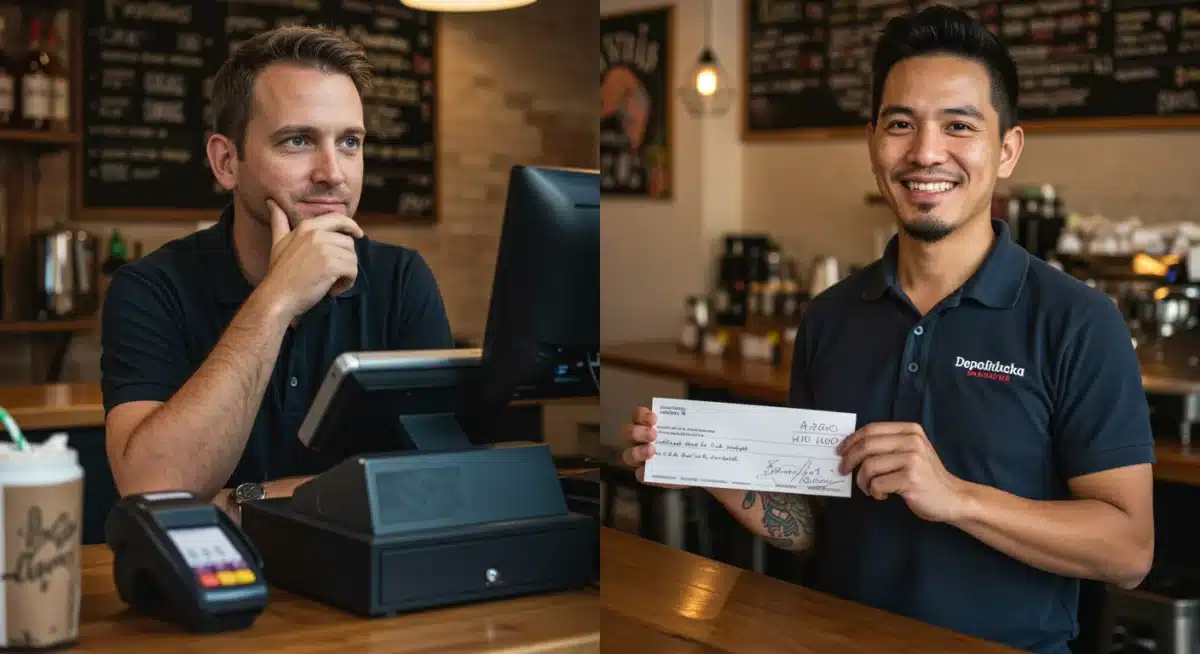 Small business owner and employee contemplating the impact of a minimum wage increase.