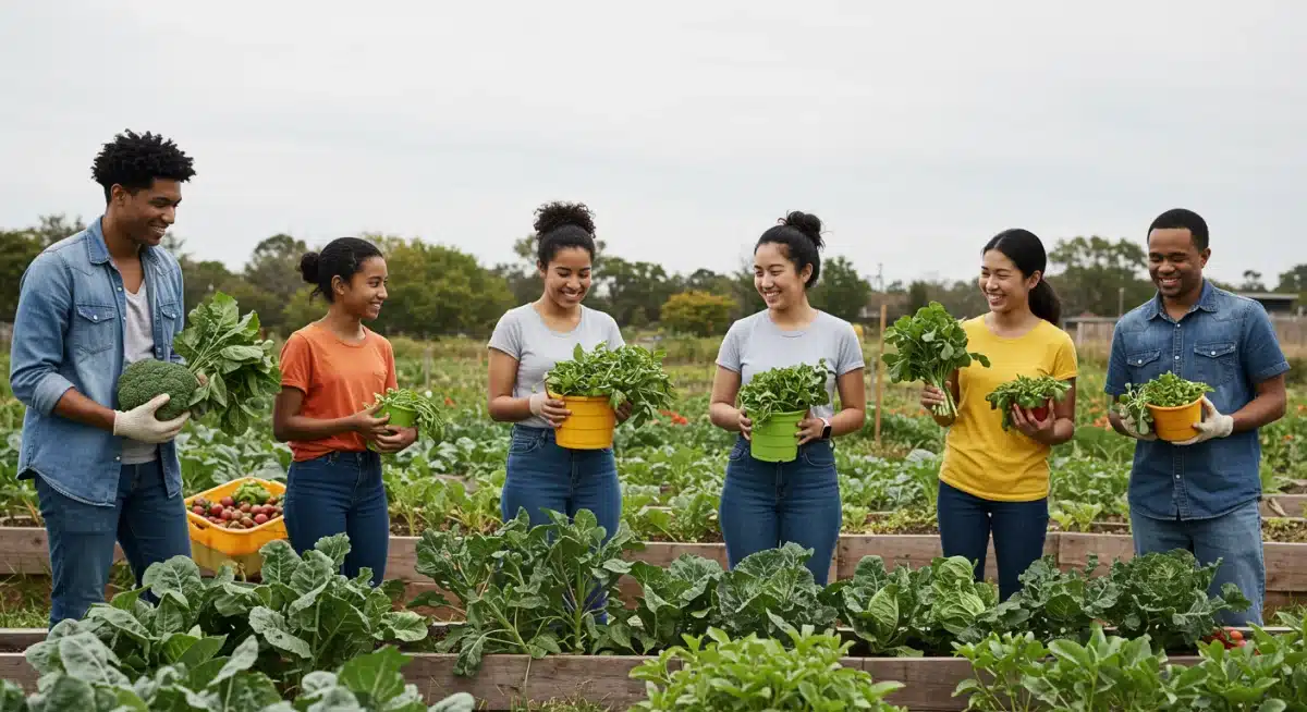 Community garden with people harvesting fresh vegetables, promoting healthy eating.