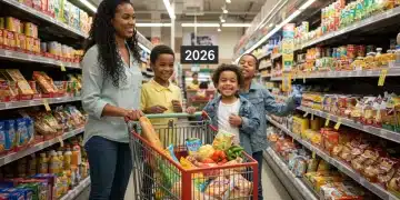 Family smiling while grocery shopping with full cart, symbolizing maximized SNAP benefits in 2026.
