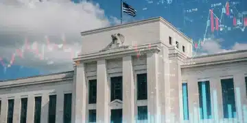 Federal Reserve building with economic data overlay, symbolizing interest rate decisions