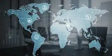 Global map with diplomatic connections and trade symbols, highlighting US foreign policy influence.