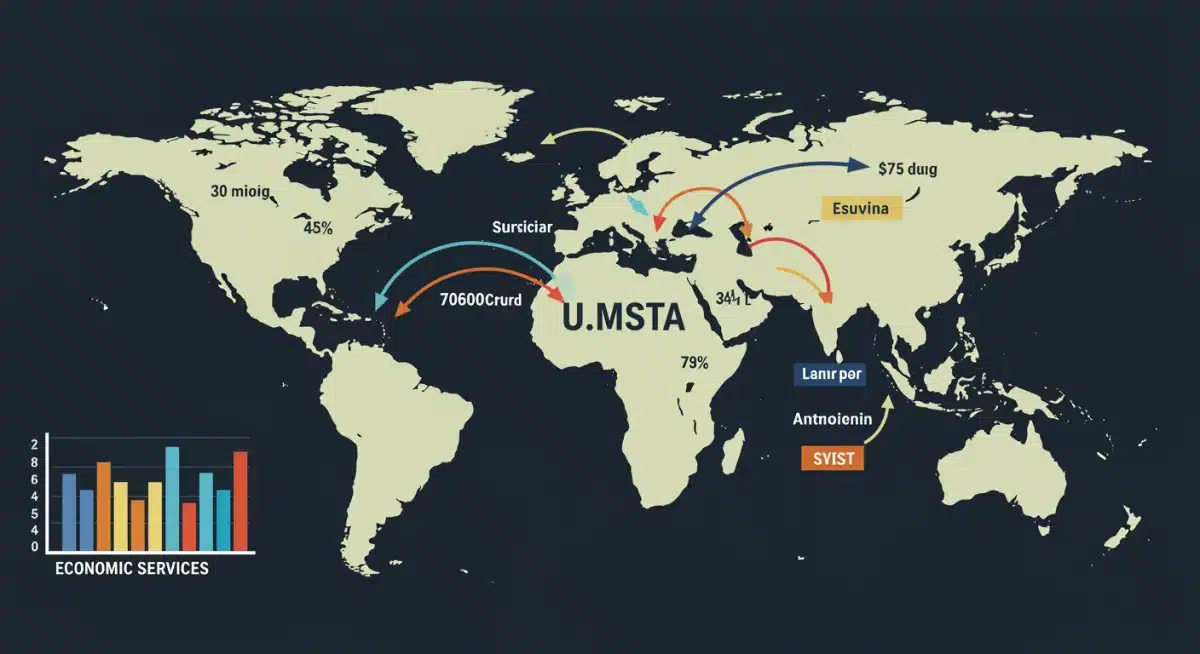 Infographic showing global trade routes and economic exchange, with the U.S. as a central hub.