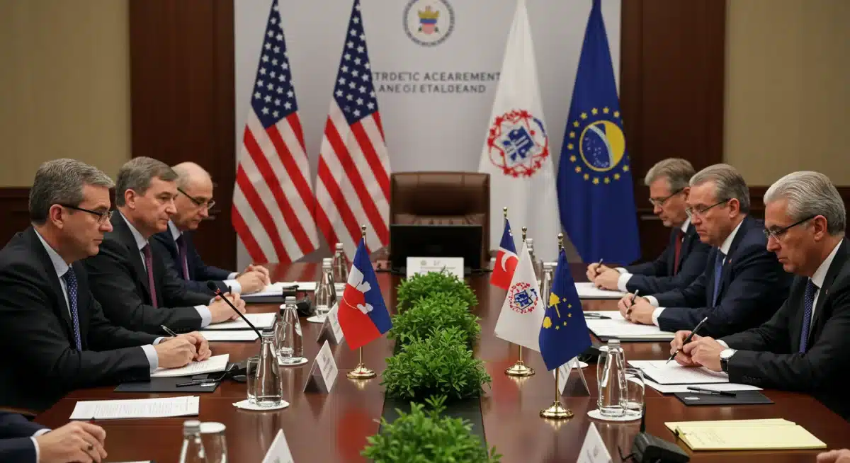 Diplomatic meeting with national flags, representing trade negotiations and international discussions.