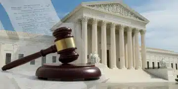 Supreme Court building with gavel and legal documents, symbolizing significant judicial review rulings in 2026.