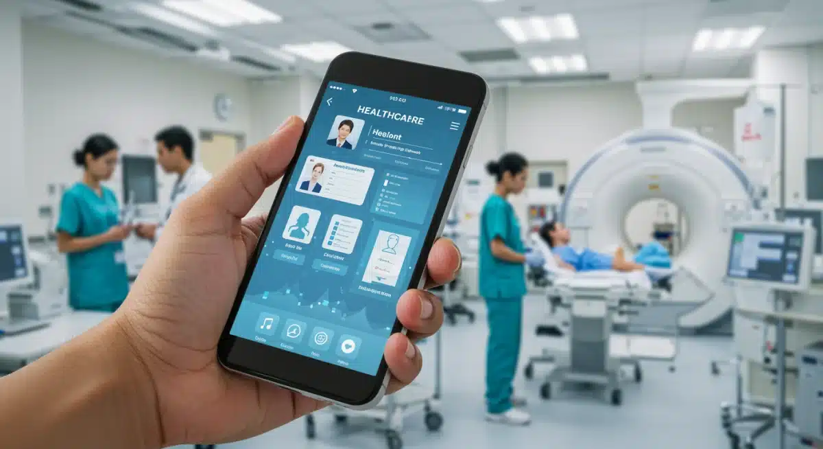 Digital health app on a smartphone, representing healthcare technology investment.