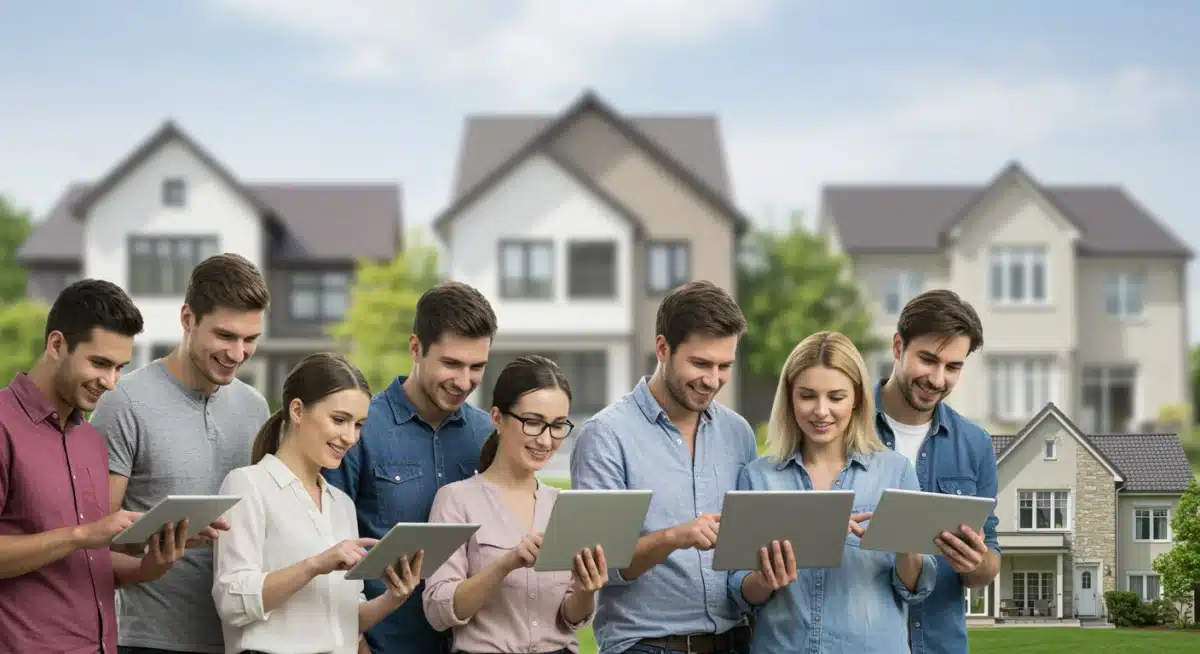 Diverse group of prospective homebuyers and sellers researching properties online, symbolizing market engagement.