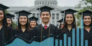 Graduates celebrating with a backdrop of financial charts and a government building, symbolizing student loan forgiveness and future opportunities.
