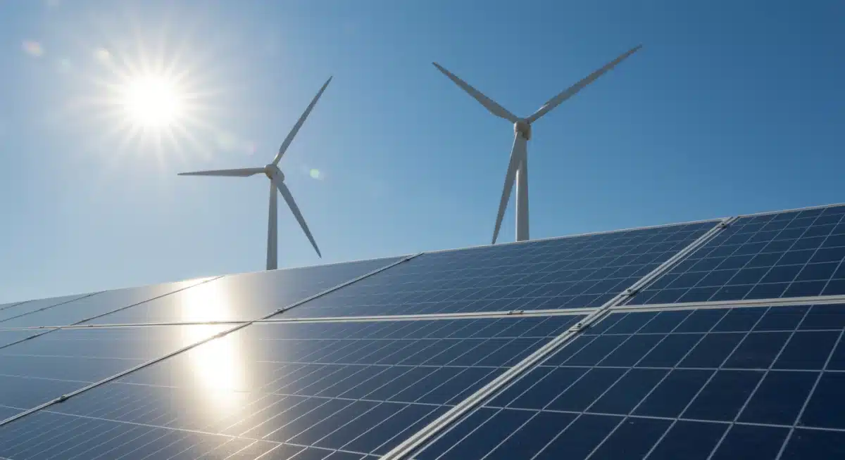 Solar panels and wind turbine symbolizing renewable energy investments.