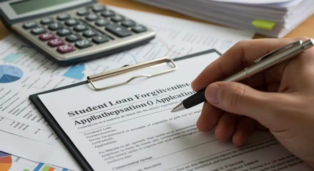 Person filling out student loan forgiveness application form with a pen, calculator, and documents.
