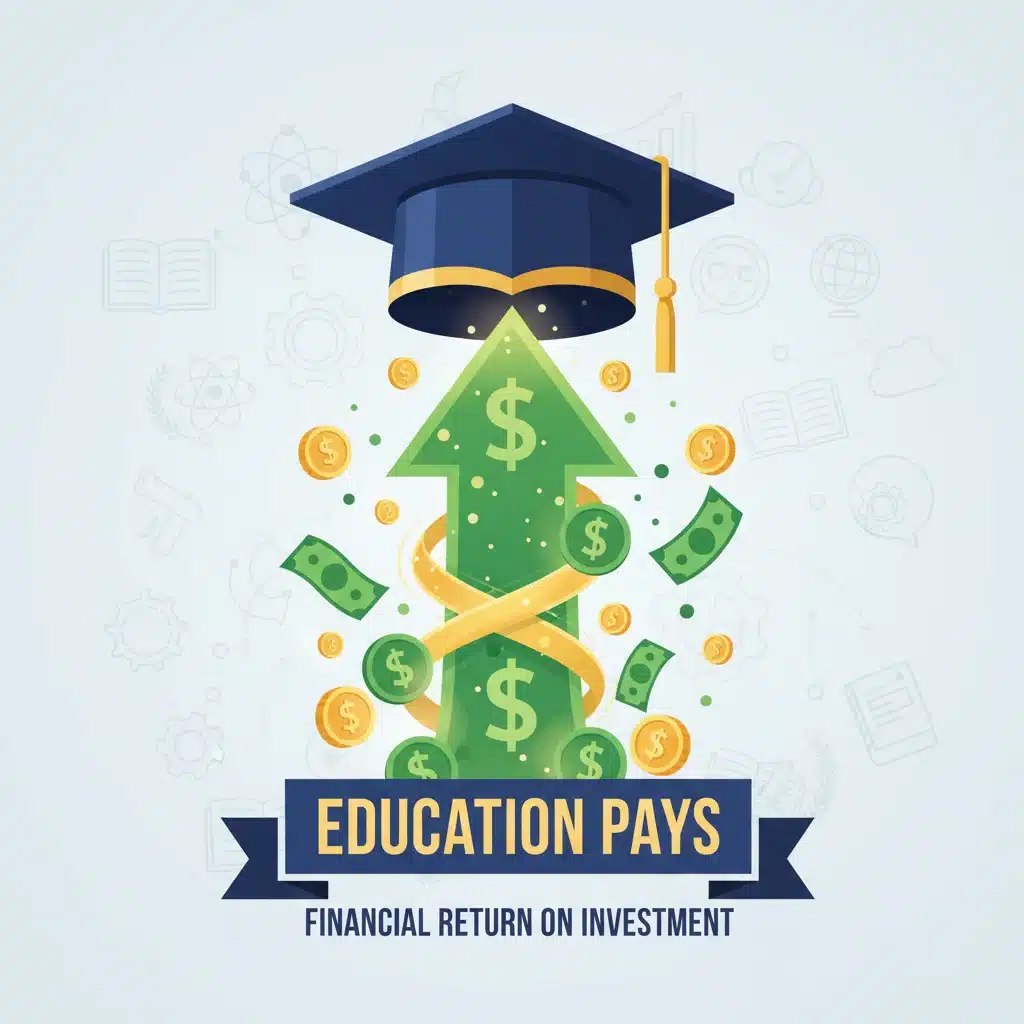 Financial benefits of education, money flowing into a graduation cap.