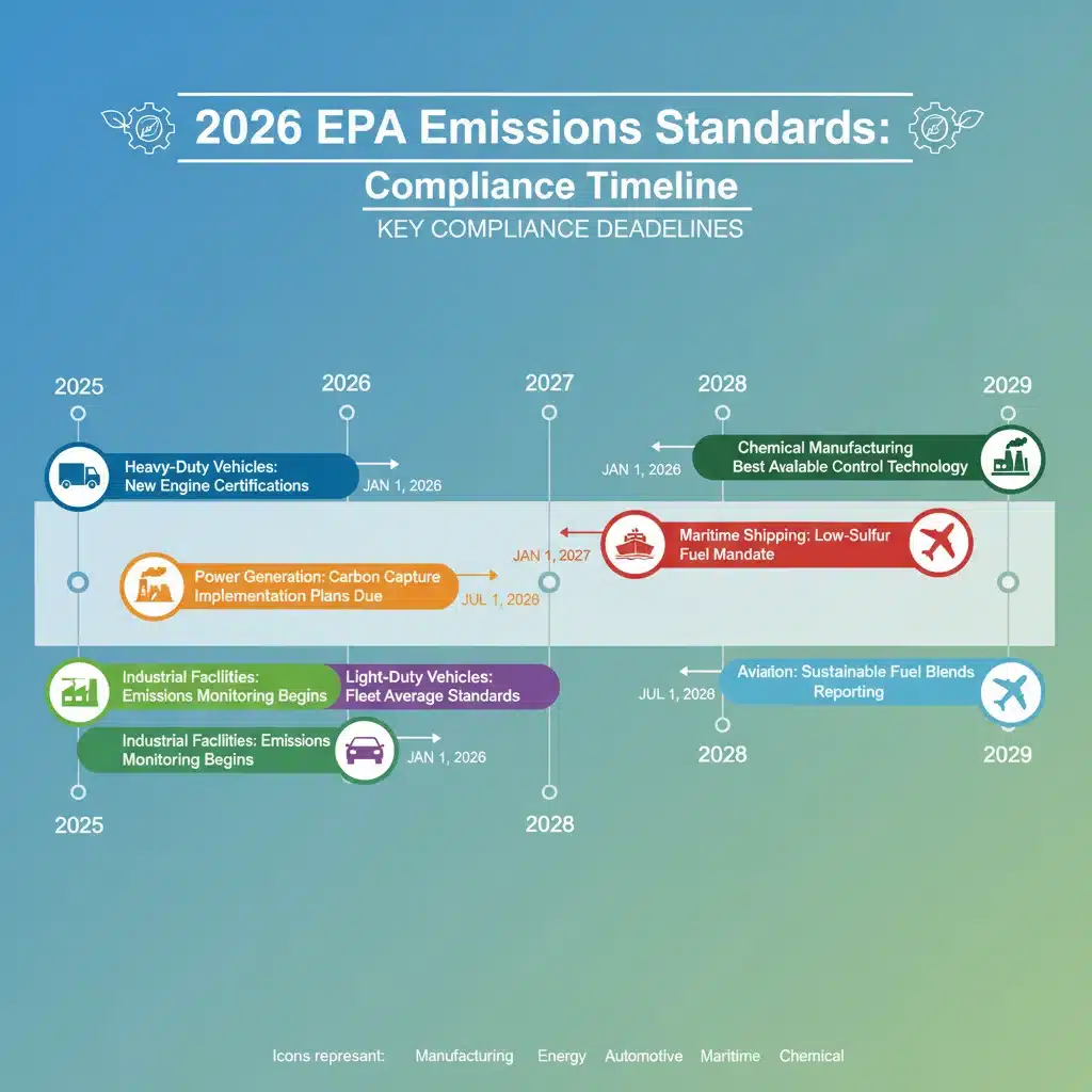 Timeline of EPA 2026 emissions compliance deadlines for various industries