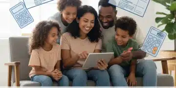Family reviewing finances on a tablet, symbolizing Child Tax Credit 2026 benefits.