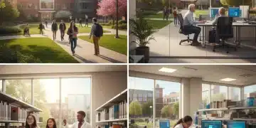Students working in different Federal Work-Study jobs on a university campus