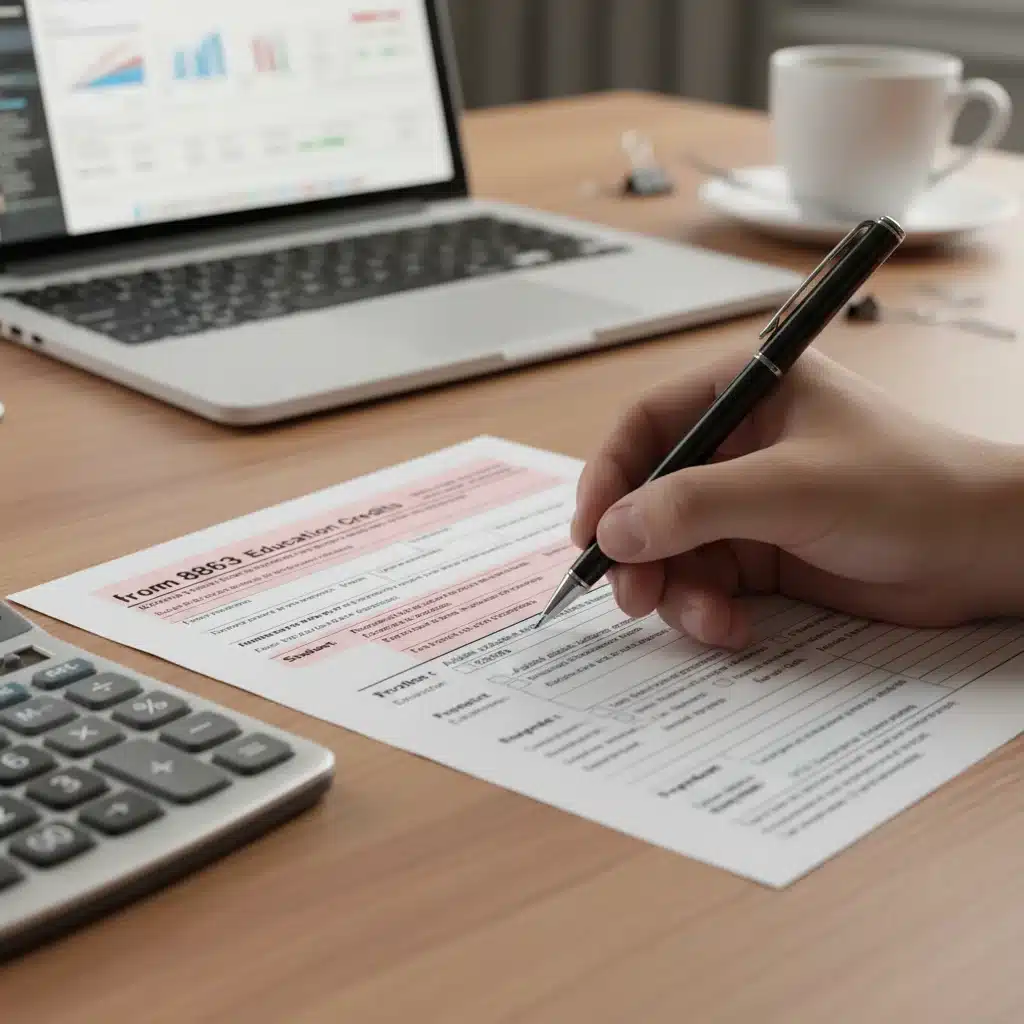 Person meticulously filling out tax forms for education credits.